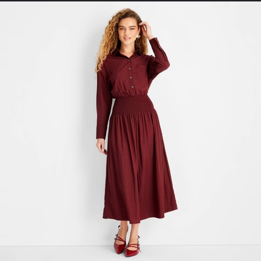 Women’s Collared Long Sleeve Smocked Midi Shirtdress , Front Button Down Side po